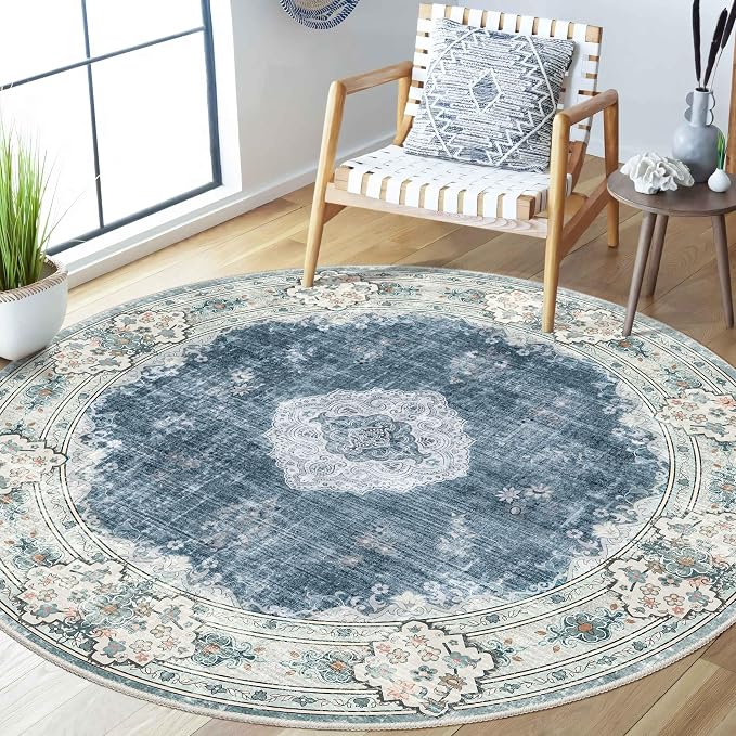 MUJOO Blue Round Rug 5ft,Circle Washable Area Rug Non Slip Low-Pile Floral | Circular Rugs for Bedroom Living Room Dining Room Bathroom Large Throw Carpet Soft Indoor Vintage Flowers Blue and Grey