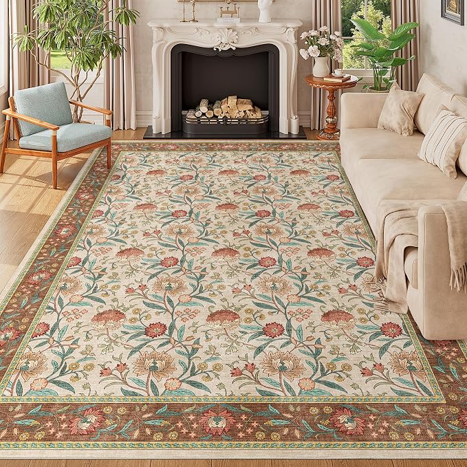 DUKINO 9x12 Area Rug for Living Room, Vintage Floral Washable Rug, Brown | Non Slip, Low Pile, Non-Shedding, Stain Resistant, Aesthetic Soft Indoor Large Carpet for Bedroom Dining Room Farmhouse