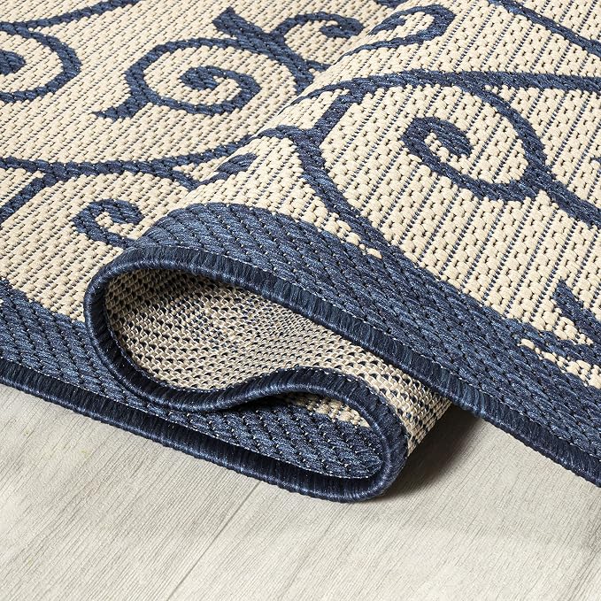 JONATHAN Y Vintage Filigree Indoor Outdoor Square Area Rug 5X5 Navy/Beige, Madrid Textured Weave for Backyard, Patio, Porch, Easy-Cleaning, High Traffic, Pet-Friendly, Non-Shedding (SMB107G-5SQ)