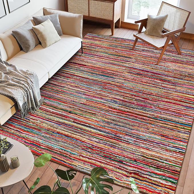 Chindi Rug 9x12, Boho Living Room Woven Braided Multicolor Area Rugs 9x12, Bohemian Colorful Recycled Cotton Rag Rugs for Farmhouse, Bedroom, Dining Room, Classroom, Hallway