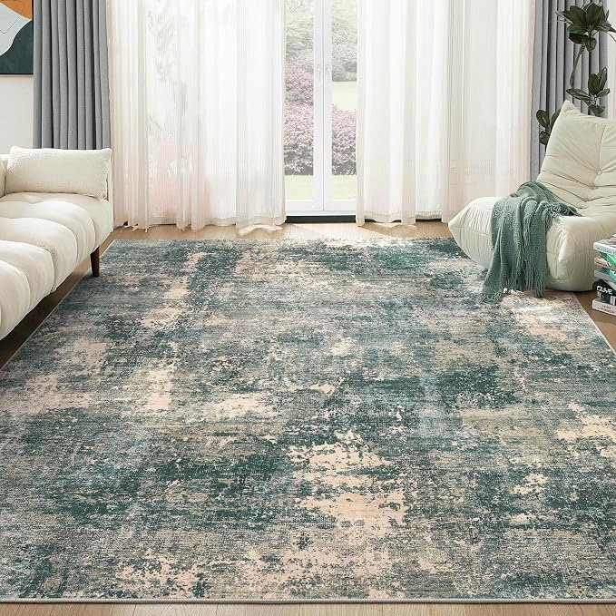 Abstract 7x9 Area Rug: Machine Washable Non Slip Ultra Thin Low-Pile Carpet, Soft Stain Resistant for Living Room Bedroom Nursery, Kid Pet Friendly, Robot Vacuum Compatible - Dark Green/Beige