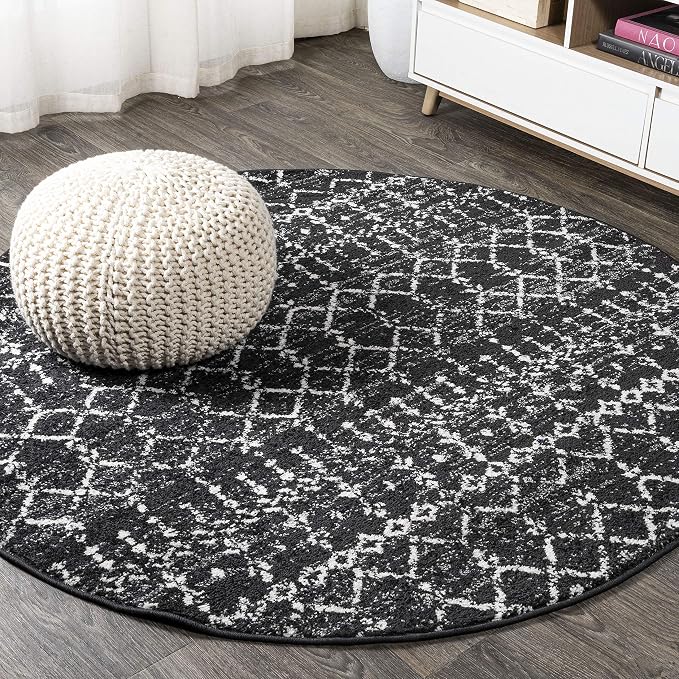 JONATHAN Y Boho Vintage Diamond Black/Ivory Round Area Rug 9 ft, Moroccan Hype for Living Room, Bedroom, Kitchen, Office, Easy-Cleaning, High Traffic, Pet-Friendly, Non-Shedding (MOH101D-9R)