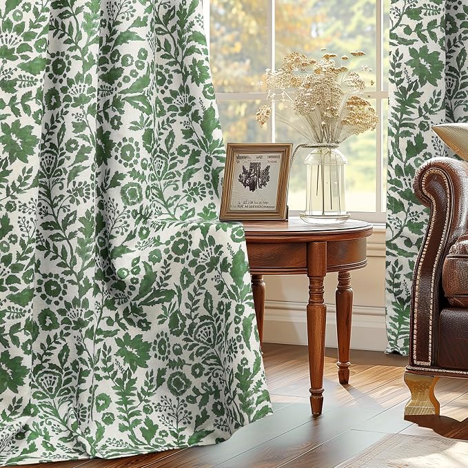 DriftAway Julia 100% Blackout Curtains Grommet 2 Panels, W52xL90, Green | Floral Curtains, Bedroom, Living Room, Linen Blend, Watercolor Pattern, 2 Layers, Thermal Insulated, Window Treatment