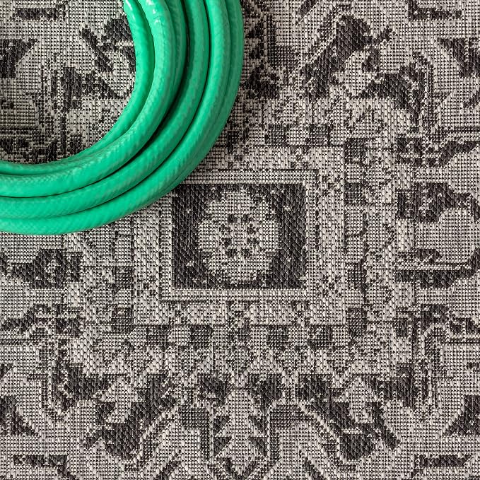 JONATHAN Y Boho Medallion Indoor Outdoor Square Area Rug 5X5 Black/Gray, Estrella Textured Weave for Backyard, Patio, Porch, Easy-Cleaning, High Traffic, Pet-Friendly, Non-Shedding (SMB105D-5SQ)
