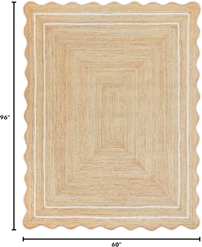 Wave Scalloped Natural Jute Boho Entryway Runner Farmhouse Scallop Rug, Off White (5'x8'")