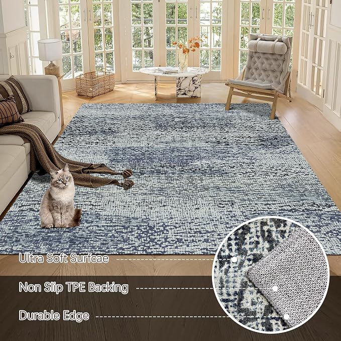 RUGSURE Washable Area Rug - 1/6 Thick - Stain & Water Resistant Non-Slip - Resistant Rug for Living Room, Bedroom, Nursery, Pet & Child Friendly, Vintage Charm Area Rugs (Grey+LightTeal, 6' x 9')