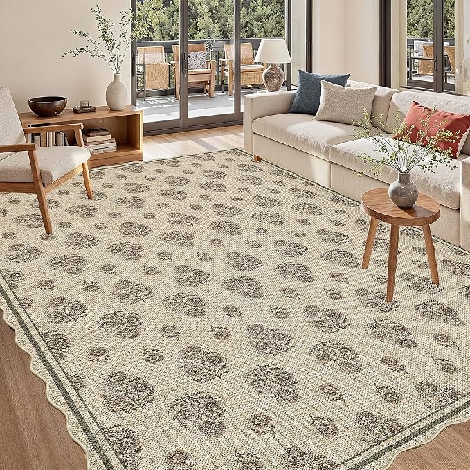 ORTIGIA Scalloped Easy Jute 5x7 Area Rug Vintage Brown Floral Accent Farmhouse Washable Rug Non-Slip Indoor Outdoor Carpet for Living Room Bedroom Patio Entryway
