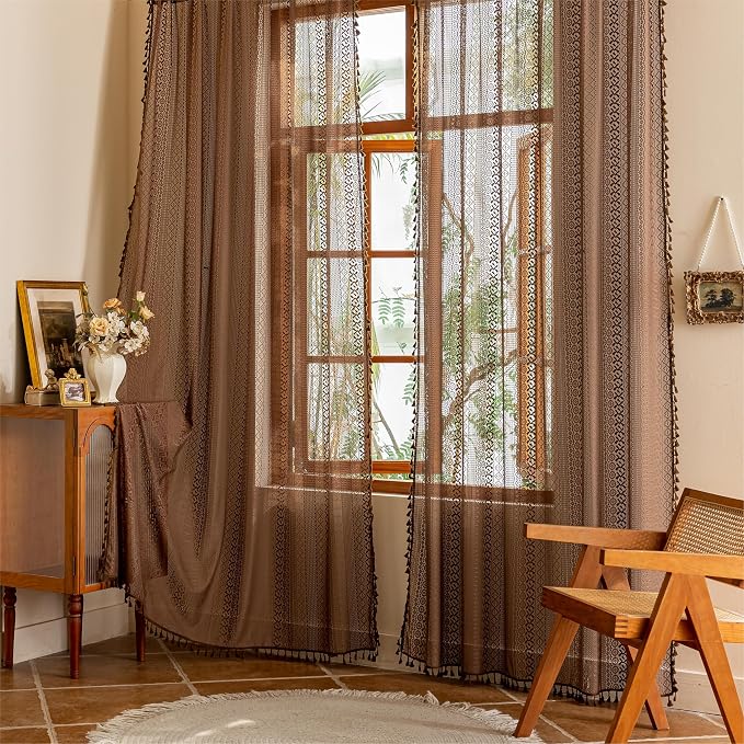 Sutuo Home Boho Lace Sheer Curtains 84 inches long, Bohemian Farmhouse Crochet Privacy Retro Caramel Vintage Tassels Window Curtains for Bedroom&Living Room Decor Rod Pocket,2 Panels 50"W,Dark Coffee