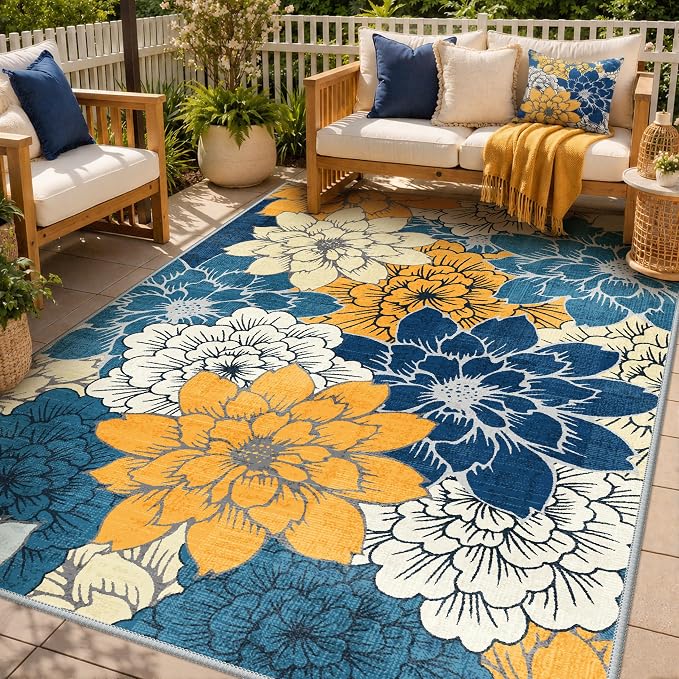 GENIMO 9x12 Outdoor Rug, Washable for Patio and Deck, Blue | Floral design for gazebo; lightweight chenille with quick-dry non-slip backing for indoor dining area