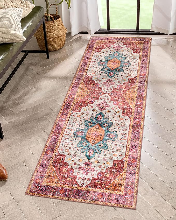 Moynesa Ultra-Thin Washable Runner Rug - Pink 2x5 Bathroom Rug Low Pile Hallway Rug Runner, Non Slip Pet Friendly Indoor Floor Carpet Runner for Kitchen Living Room Bedside Laundry Room