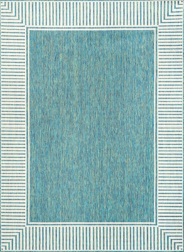 Nuloom Asha Teal/Ivory, 8' x 10', Casual, Striped Border, Soft and Cozy, High Traffic, Easy Clean, Durable Area Rug for Indoor/Outdoor Patio, Deck, Porch, Garden, Courtyard