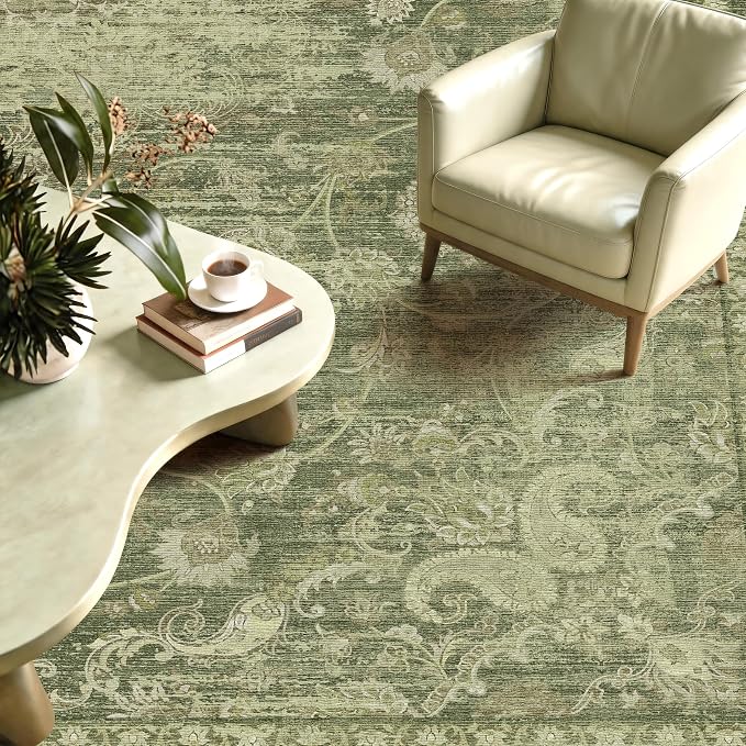 Living Room Rug, Vintage Medallion 6x9 Area Rugs for Dining Room and Bedroom, Washable Low Pile Sage Green Rug with Non-Slip Silicone Backing, Non-Shedding Stain Resistant