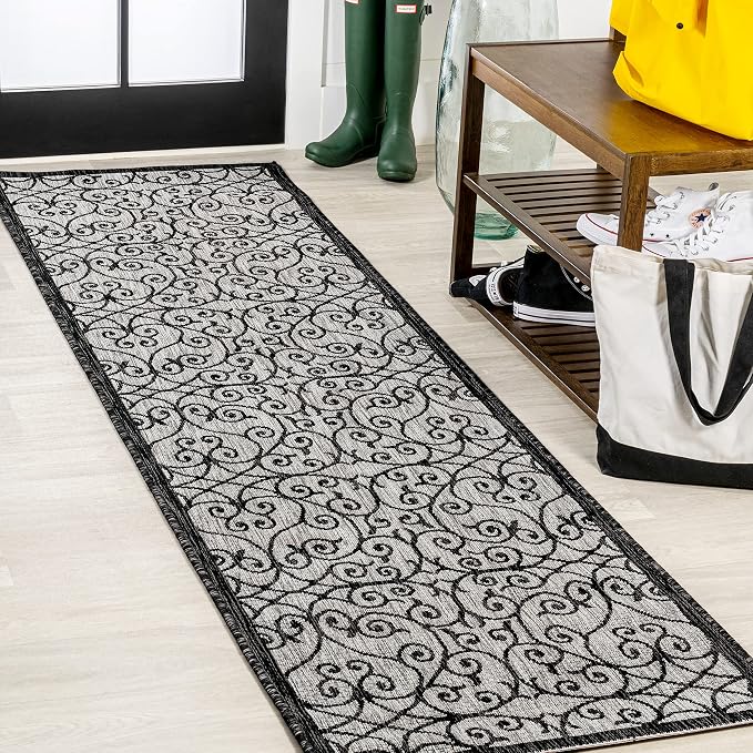 JONATHAN Y Vintage Filigree Indoor Outdoor Runner Rug 2X10 Light Gray/Black, Madrid Textured Weave for Backyard, Patio, Porch, Easy-Cleaning, High Traffic, Pet-Friendly, Non-Shedding (SMB107E-210)