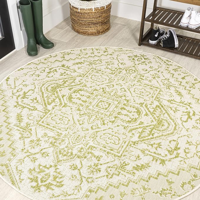 JONATHAN Y Boho Medallion Indoor Outdoor Round Area Rug 5 Ft Cream/Green, Estrella Textured Weave for Backyard, Patio, Porch, Easy-Cleaning, High Traffic, Pet-Friendly, Non-Shedding (SMB105E-5R)