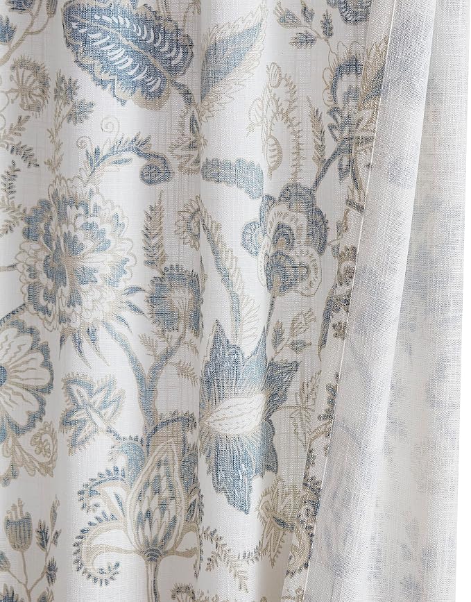 Kayne Studio Linen Textured Botanical Semi Sheer Curtains, Blue Grey Floral Farmhouse Curtains for Living Room Bedroom, Light Filtering Jacobean Curtain Panels, Rod Pocket Back Tab,52"x95",2 Panels