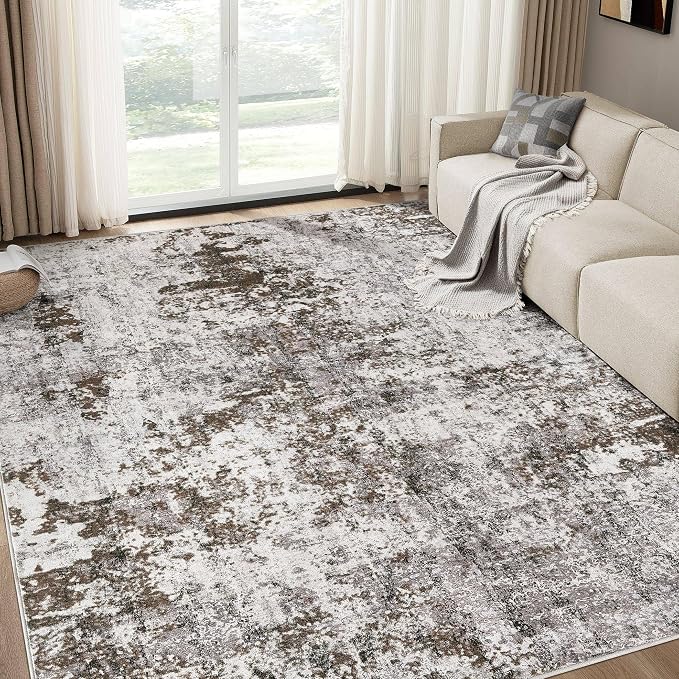 DMOYEST 10x12 Area Rug for Living Room, Washable & Non Slip Large Indoor Carpet, Kid & Pet Friendly Soft Thin Low Pile Abstract Rug for Bedroom and Office - Dark Brown
