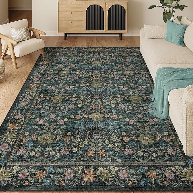 DUKINO 5x7 Area Rugs, Vintage Floral Washable Rug for Living Room, Blue | Non Slip, Low Pile, Soft, Lightweight, Boho Indoor Carpet for Bedroom, Office, Dining Room, Dorm Room, Farmhouse, Home Decor