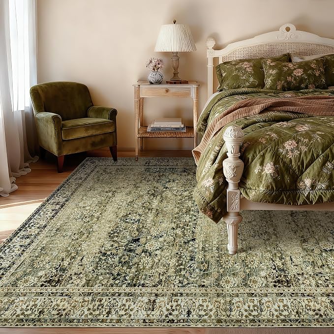 Olive and Tan Area Rugs Washable Rug for Living Room Bedroom Boho Farmhouse Floral Vintage Soft No Slip Extra Large Carpet for Dining Room 9x12