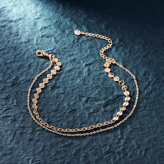 LOYATA Dainty Ankle Bracelet,14K Gold Plated Tiny Bead Anklet Dainty White Cubic Zirconia Cross Tassel Foot Chain Cute Lucky Moon Evil Eye Foot Jewelry Boho Anklets for Women