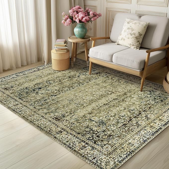 BILEEHOME Olive and Tan Rug for Bedroom Neutral Boho Farmhouse Floral Distressed Style Carpet Washable Soft Non Slip Area Rugs for Living Room Home Office,5x8