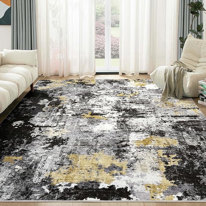 Abstract 12x14 Area Rug: Machine Washable Non Slip Ultra Thin Low-Pile Carpet, Soft Stain Resistant for Living Room Bedroom Office, Kid Pet Friendly, Robot Vacuum Compatible - Black Gold