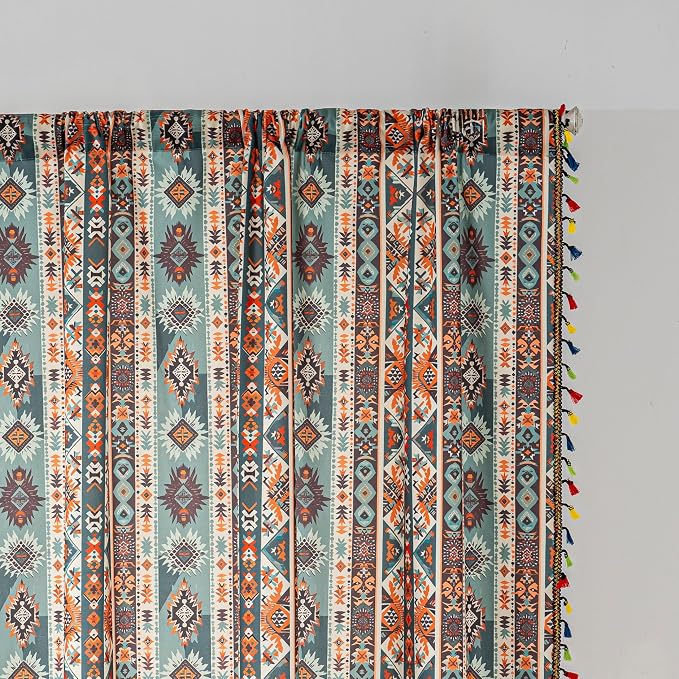 Teal Orange Geometric Curtains 102 Inches Long, Boho Farmhouse Light Filtering Rod Pocket Drapes with Tassel Trim for Bedroom Living Room, 2 Panels