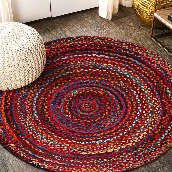 Chindi Rug - 3 Ft Round Rug, Woven Multicolor, Bohemian, Recycled Cotton Colorful Braided Rugs for Living Room, Farmhouse, Bedroom, Dining Room, Classroom, Hallway - Small Round Rugs 3 Feet