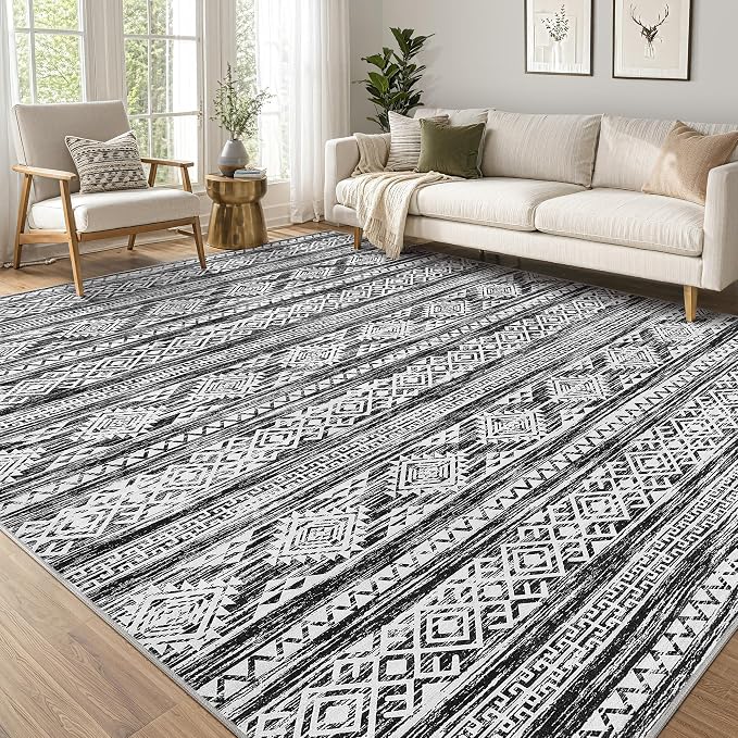 Tortania Area Rug Living Room Rugs - 8x11 Washable Large Soft Neutral Boho Moroccan Bohemian Farmhouse Rug Indoor Floor Carpet for Bedroom Under Dining Table Home Office Decor - Black White