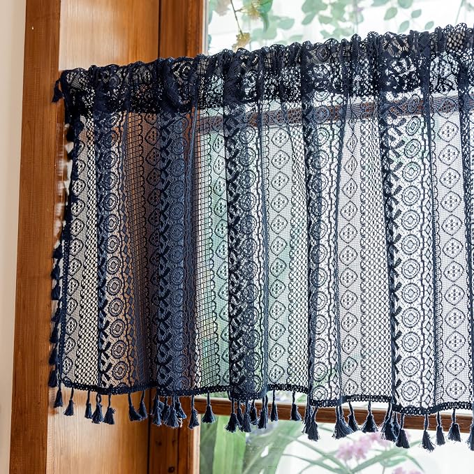 Sutuo Home Boho Lace Sheer Short Curtains Valance 2 Panels for Kitchen Window Curtains Over Sink, Closet Crochet Privacy Farmhouse Vintage Chic Handmade Tassels Rod Pocket, 50" W x 36" L Navy Blue