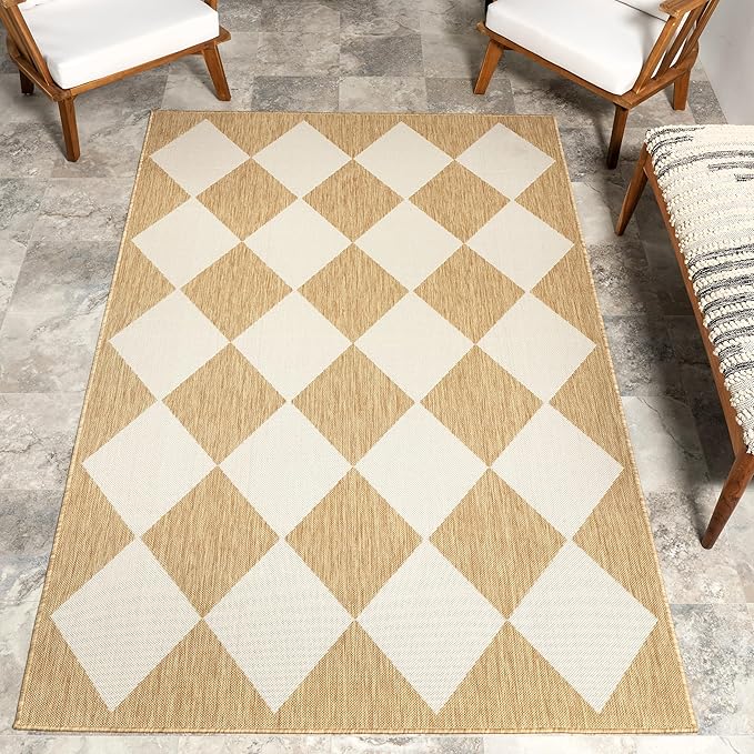 Nuloom Outdoor Performance Collection Sabina Tan/Ivory, 6'7" x 9', Soft, High Traffic, Stain Resistant, Easy Clean, Durable Area Rug for Indoor/Outdoor Patio, Deck, Porch, Garden, Courtyard