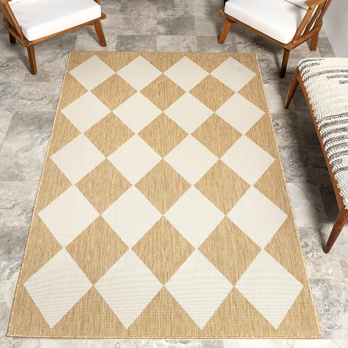 Nuloom Outdoor Performance Collection Sabina Tan/Ivory, 4' x 6', Soft, High Traffic, Stain Resistant, Easy Clean, Durable Area Rug for Indoor/Outdoor Patio, Deck, Porch, Garden, Courtyard