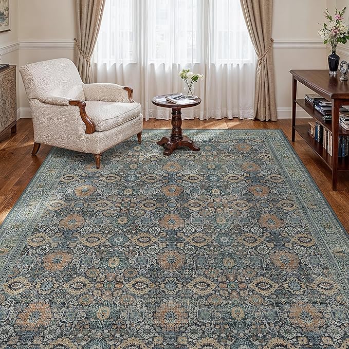 BESBLEE 5X7 Area Rugs Machine Washable Rugs for Living Room, Vintage Boho Large Rugs for Bedroom Dining Room, Non Slip Indoor Soft Distressed Lightweight Thin Low Pile Carpet, Beige Blue Grey