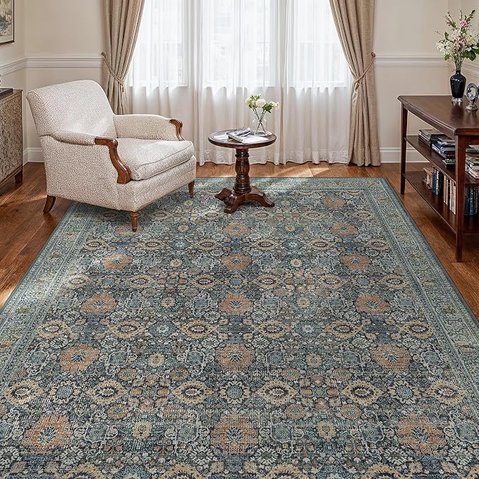 BESBLEE 3X5 Area Rugs Machine Washable Rugs for Living Room, Vintage Boho Large Rugs for Bedroom Dining Room, Non Slip Indoor Soft Distressed Lightweight Thin Low Pile Carpet, Beige Blue Grey