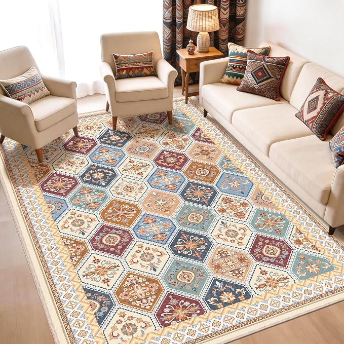 6x9 Area Rugs for Living Room, Soft Non-Slip Vintage Boho Moroccan, Low-Pile Printed Washable Rug Carpet for Living Room, Bedroom, Dining Room, Playroom-Multi | Multi, Soft Low-Pile Printed Washable Rug Carpet for Living Room, Bedroom, Dining Room, Pla...