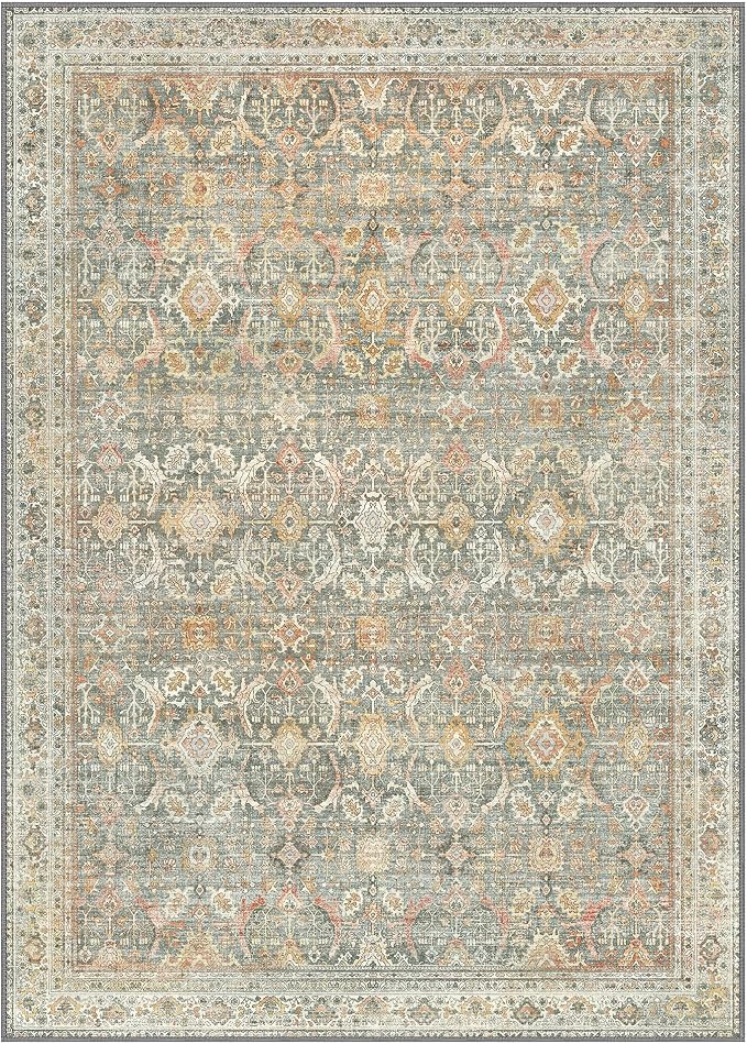 BESBLEE 8X10 Area Rugs Machine Washable Rugs for Living Room, Vintage Boho Large Rugs for Bedroom Dining Room, Non Slip Indoor Soft Distressed Lightweight Thin Low Pile Carpet, Turmeric