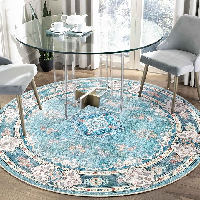 MUJOO Teal Round Rug 5ft,Circle Washable Area Rug Non Slip Floral | Circular Rugs for Bedroom Living Room Dining Room Bathroom Boho Throw Carpet Low-Pile Soft Indoor Flowers Blue Colorful