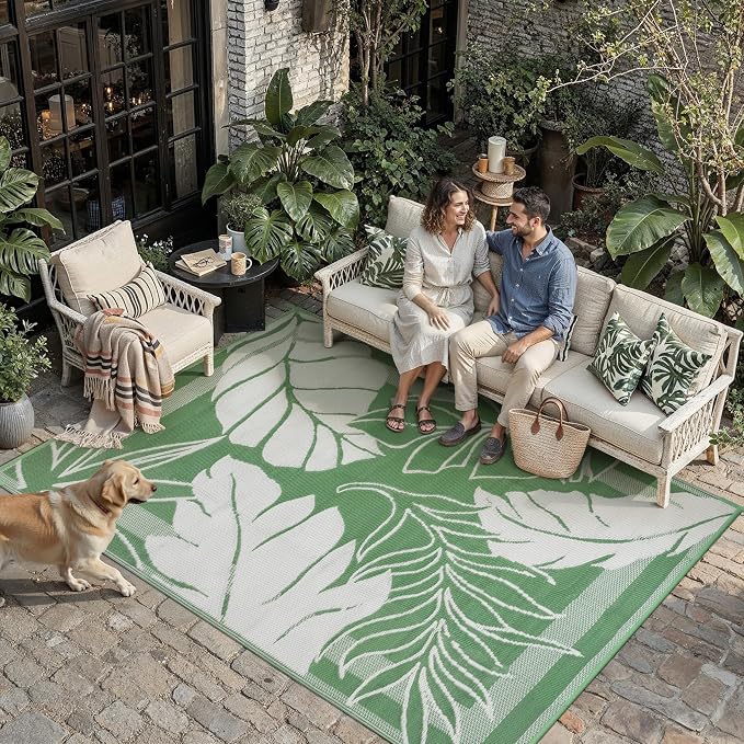 HUGEAR 9'x12' Outdoor Rug Waterproof Plastic Straw Rugs Large Green Reversible Olive Leaf Mat Floor Carpet for Camping RV Deck Entryance Porch Picnic Balcony Beach Backyard