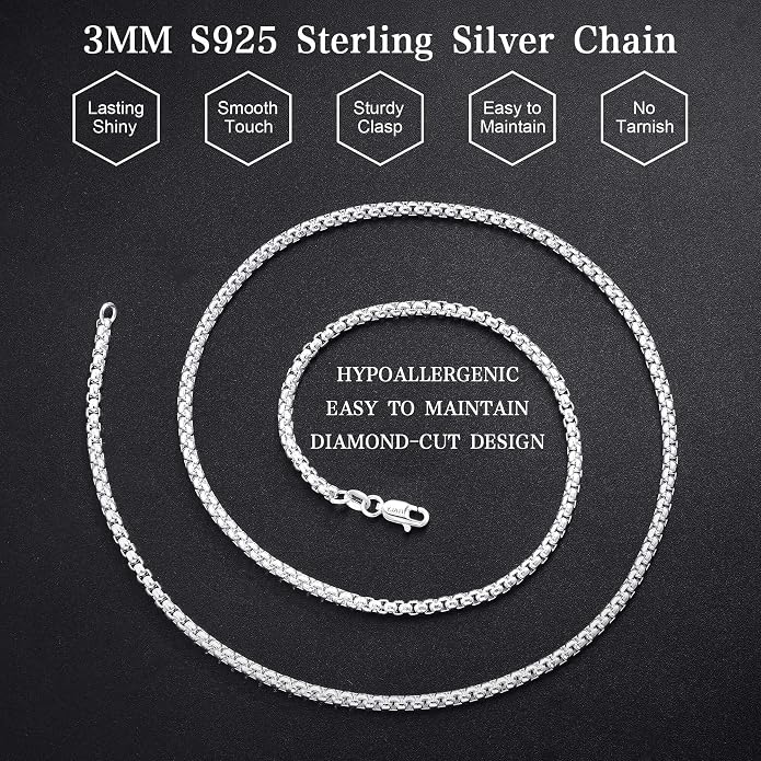 HIMSTORY Silver Chain for Men, 925 Sterling Silver 2mm/3mm/4mm Round Box Chain Necklace for Men Women Jewelry Diamond Cut Mens Chains Gifts for Husband Father Boyfriends