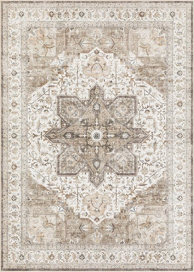Tortania Area Rug Living Room Rugs - 10x12 Washable Boho Rug Vintage Oriental Distressed Farmhouse Large Thin Indoor Carpet for Living Room Bedroom Under Dining Table Home Office - Brown