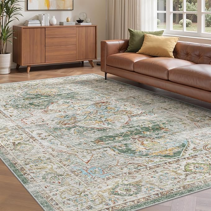 befbee 6x9 Area Rugs for Living Room - Stain Resistant Non-Slip Backing Machine Washable Rugs for Bedroom - Boho Persian Large Area Rug (Green, 6'x9')
