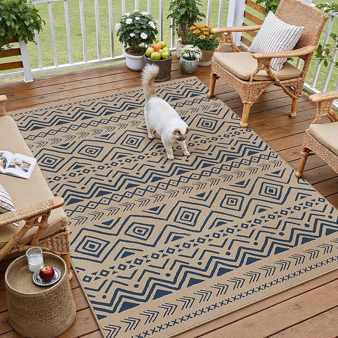 PureCozy 4x6 Easy Jute Outdoor Rug Blue Boho Indoor Outdoor Area Rug Farmhouse Patio Carpet for Backyard, Patio, Porch, Living Room，Easy-Cleaning, High Traffic, Pet-Friendly, Non-Shedding