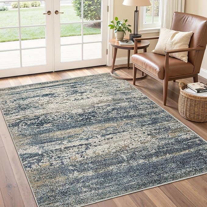 Art&Tuft Washable Rug 4x6, Anti-Slip Backing Abstract 4x6 Rug, Stain Resistant Rugs for Living Room, Foldable Machine Washable Area Rug (4'x6', Navy)