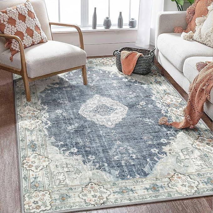 MUJOO Boho Rug 4'x6.5' Area Rugs Washable Non Slip Low-Pile Floral | Machine Washable Throw Carpet for Bedroom Living Room Office Entryway Small Soft Floor Indoor Accent Flowers Blue and Grey
