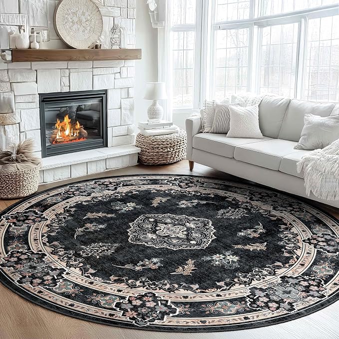 MUJOO Black Round Rug 9ft,Circle Washable Area Rug Non Slip Low-Pile Floral | Large Circular Rugs for Living Room Bedroom Dining Room Boho Throw Carpet Soft Floor Indoor Vintage Bohemian Flowers