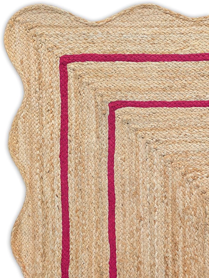 Wave Scalloped Natural Jute Rug Boho Jute Rug Entryway Runner Rug Farmhouse Scallop Rug, Dark Pink (2'6"x12')