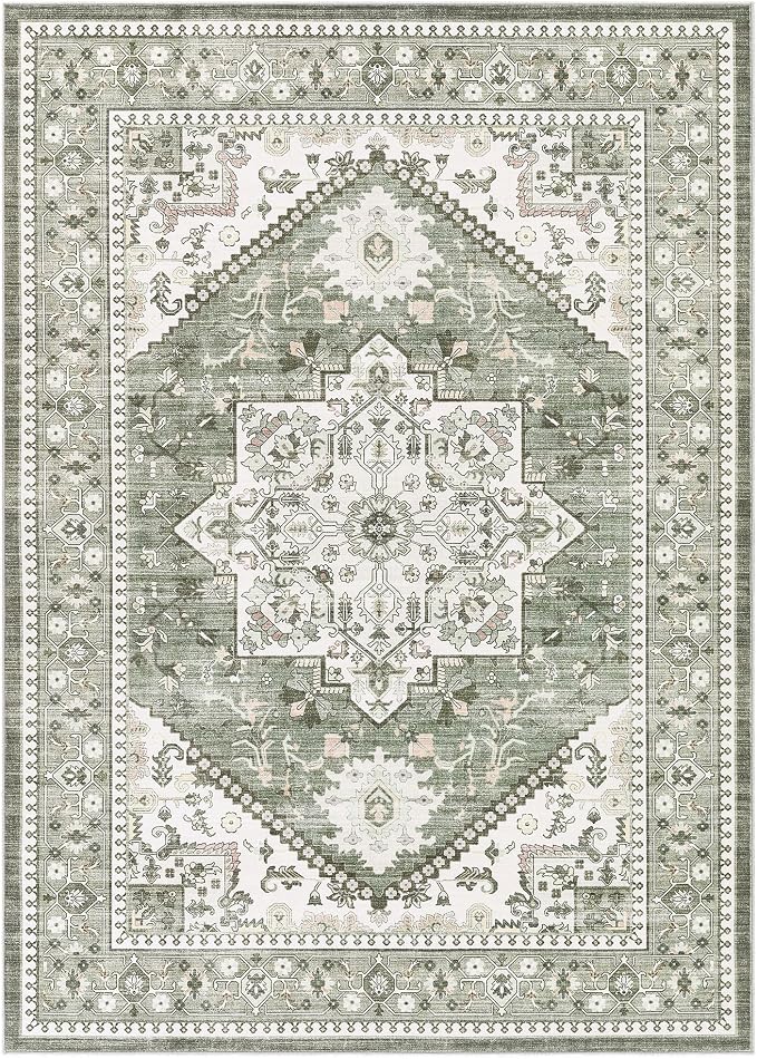 10x12 Vintage Area Rug: Washable Neutral Soft Non Slip Thin Large Floor Carpet for Living Room Bedroom Kitchen Dining Room Home Office Farmhouse Indoor - Green