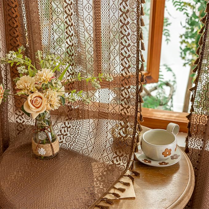 Sutuo Home Boho Lace Sheer Curtains 84 inches long, Bohemian Farmhouse Crochet Privacy Retro Caramel Vintage Tassels Window Curtains for Bedroom&Living Room Decor Rod Pocket,2 Panels 50"W,Dark Coffee