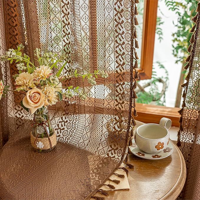 Sutuo Home Caramel Boho Curtains 2 Panels, Sheer Lace Curtains 90 Inches Long for Bedroom Kitchen Bohemian Crochet Vintage Tassels Window Treatments Rustic Geometry Rod Pocket, 50" x 90" Dark Coffee