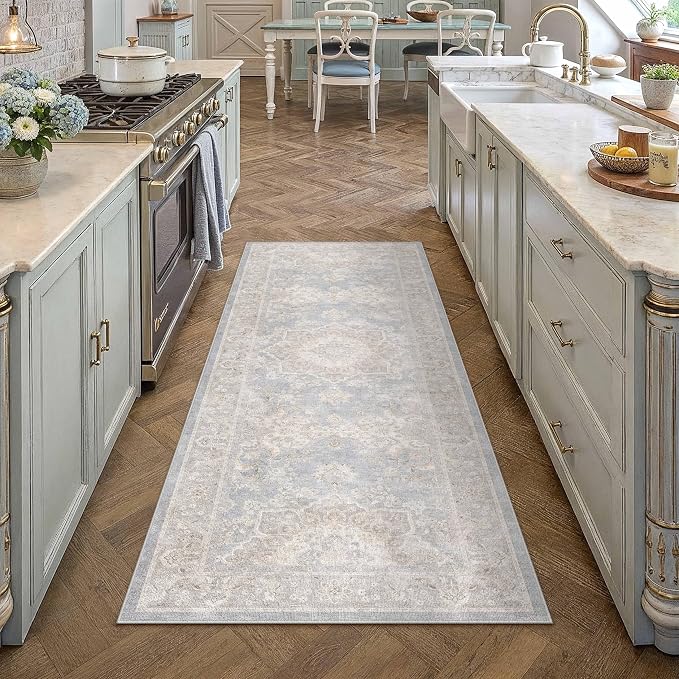 PureCozy 2x6 Washable Runner Rug Blue Vintage Oriental Medallion | Non Slip, Soft Low Pile, Hallway Carpet for Kitchen, Entryway, Laundry Room, Retro Decor