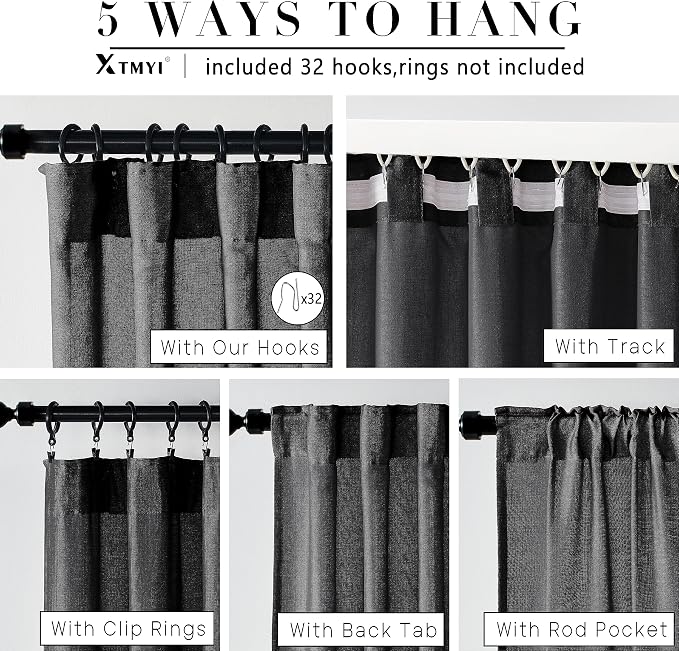 XTMYI Black 90 Inch Length 50 Inch Wide Back Tab/Hook Belt Linen Cotton Sheer Curtains for Bedroom 2 Panels